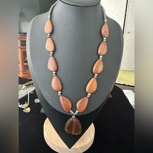 20" Handcrafted Wooden Bead Necklace with Silvertone Accents